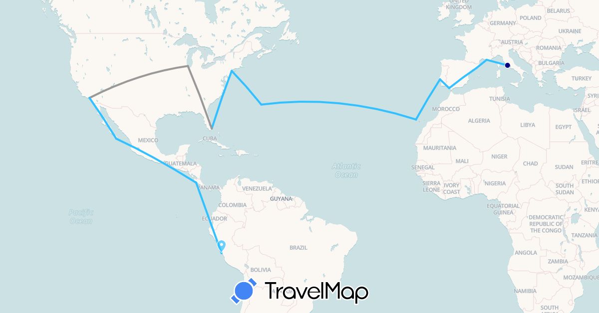 TravelMap itinerary: driving, plane, boat in Bermuda, Costa Rica, Spain, France, Italy, Mexico, Peru, Portugal, United States (Europe, North America, South America)